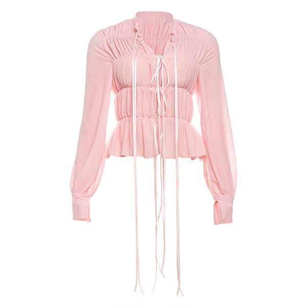 Ruched long sleeve chiffon self tie top