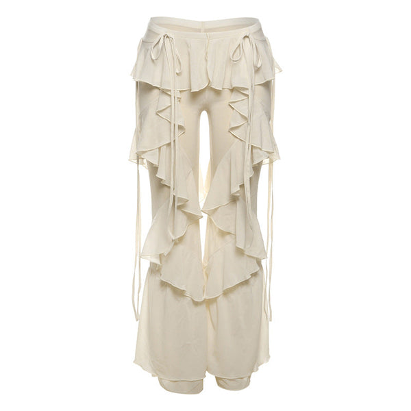 Ruffle see through low rise solid pant