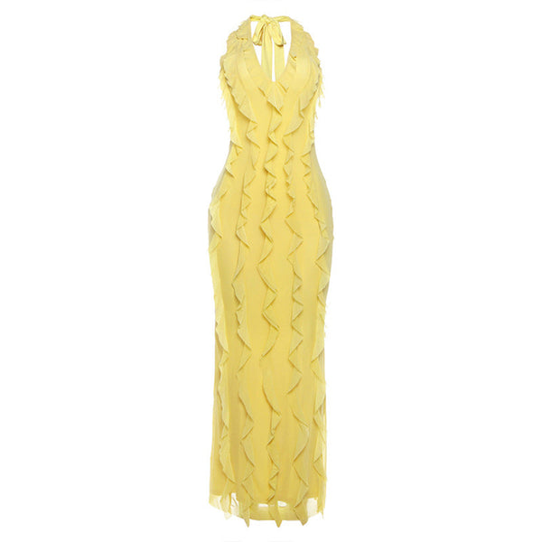 Halter self tie ruffle v neck solid maxi dress