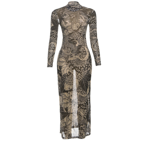 Long sleeve print sheer mesh high neck maxi dress