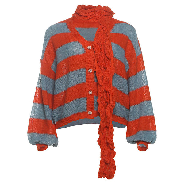 Long sleeve v neck button knitted striped print top