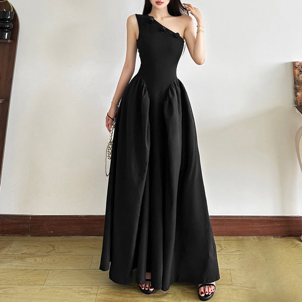 One shoulder irregular flower applique maxi dress