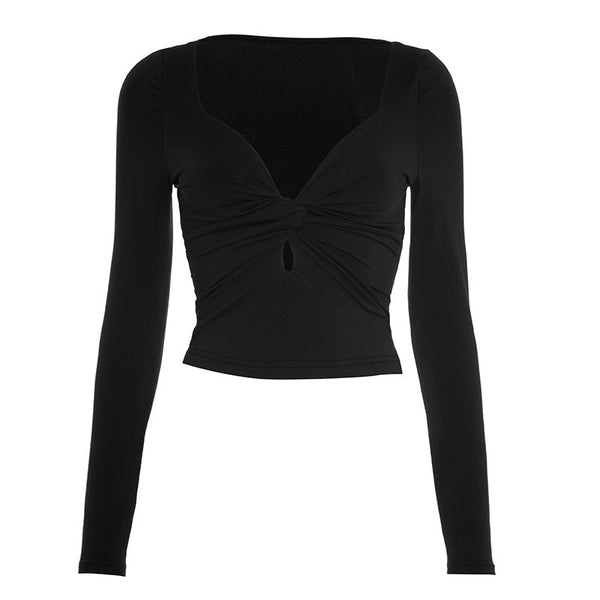 Long sleeve v neck solid ruched top