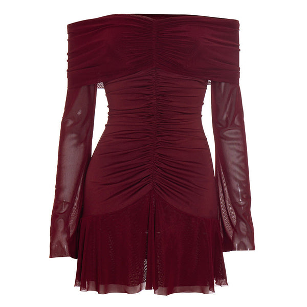 Off shoulder long sleeve mesh ruched mini dress