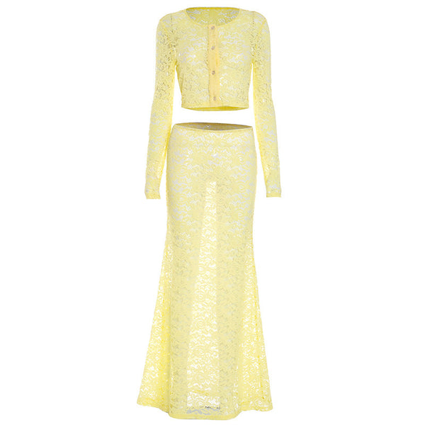 Long sleeve lace button crewneck maxi skirt set