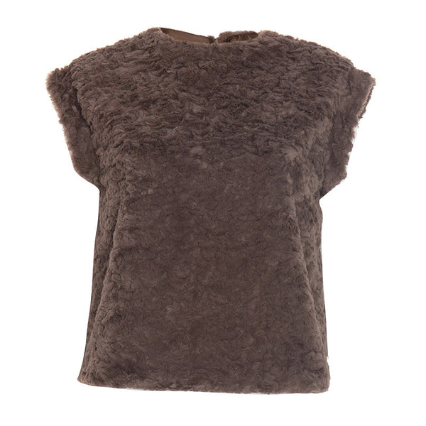 Cap sleeve fluffy crewneck button top