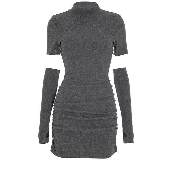 Crewneck gloves ruched solid mini dress