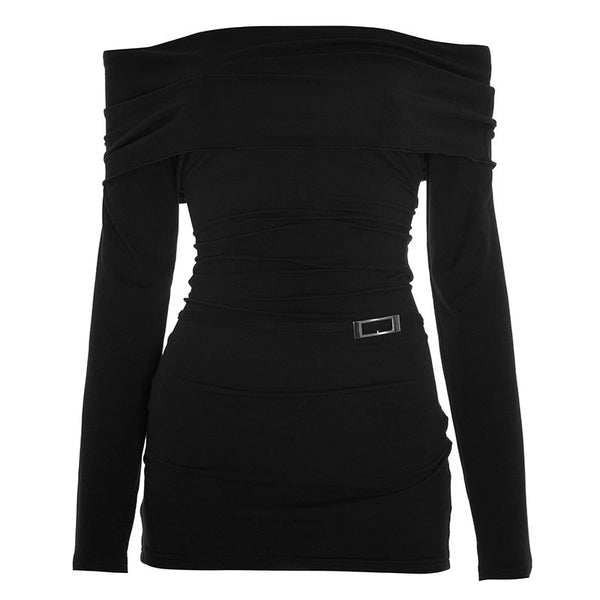 Off shoulder long sleeve solid ruched mini dress