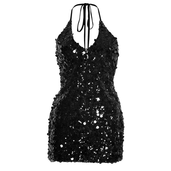 Halter glitter self tie backless mini dress