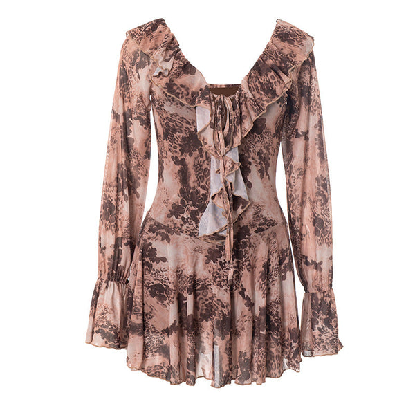 Long flared sleeve ruffle lace up print mini dress