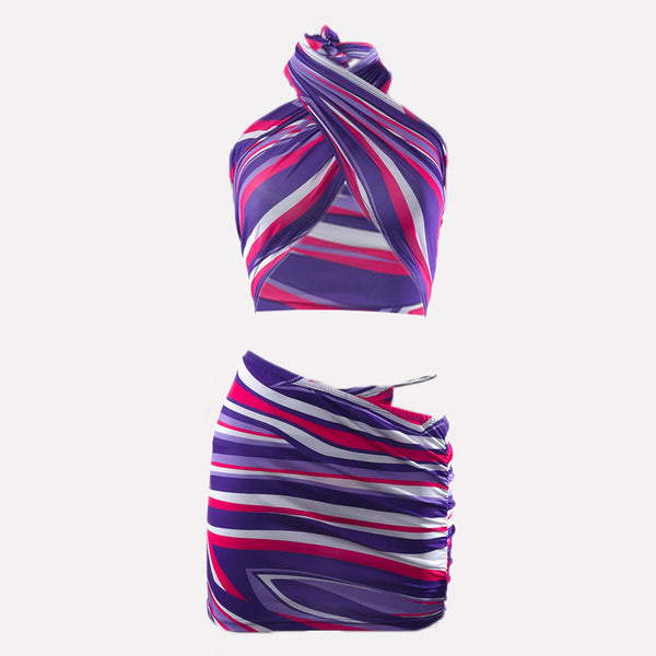 Striped print halter contrast mini skirt set