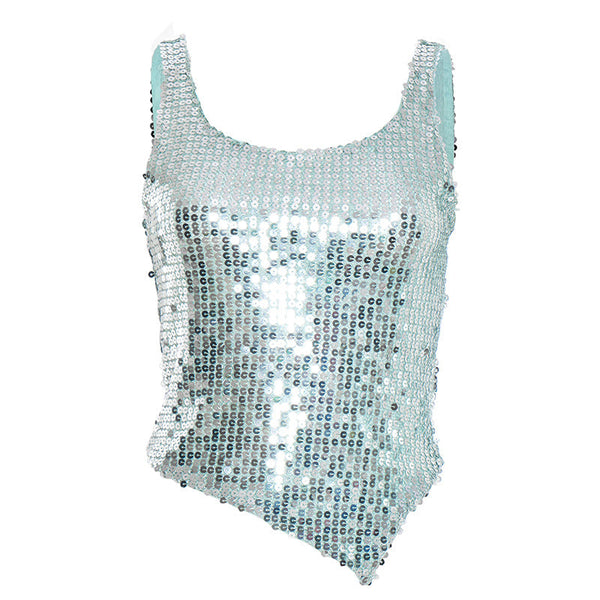 Glitter irregular u neck backless tank top