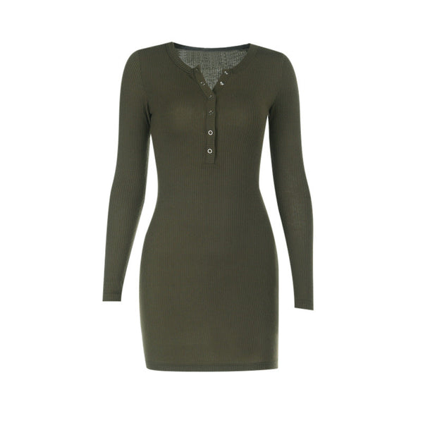 Long sleeve ribbed solid button mini dress