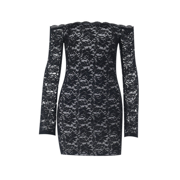 Lace long sleeve off shoulder solid mini dress