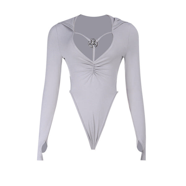 Hoodie long sleeve gloves ruched button bodysuit
