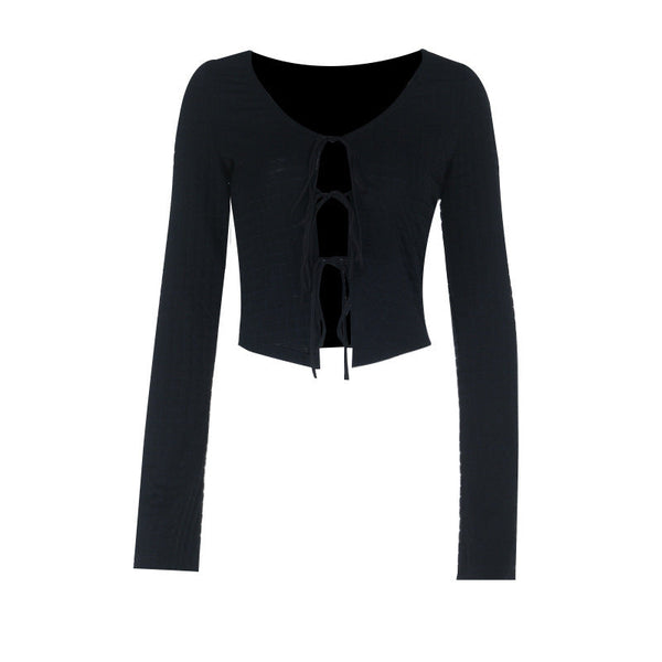 Long sleeve v neck self tie hollow out textured top