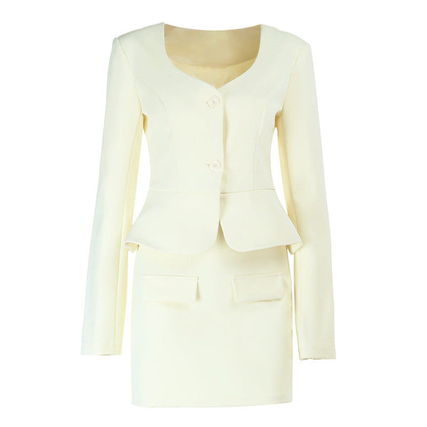 Long sleeve v neck button solid mini skirt set