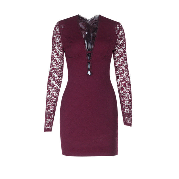 Lace long sleeve v neck zip-up solid mini dress