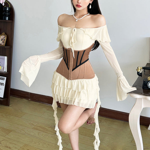 Off shoulder long flared ruffle corset mini dress