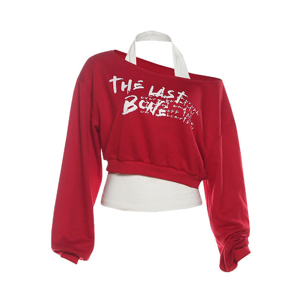 Long sleeve halter letter print top