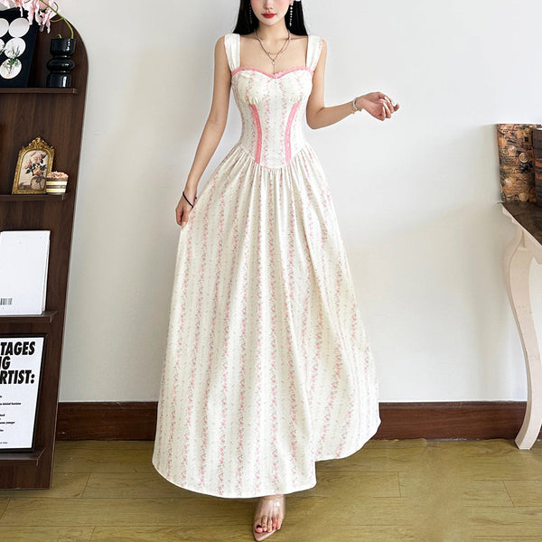 Flower print lace hem maxi dress