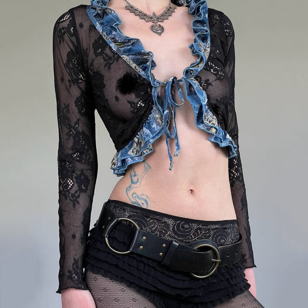 Long sleeve ruffle self tie crop top