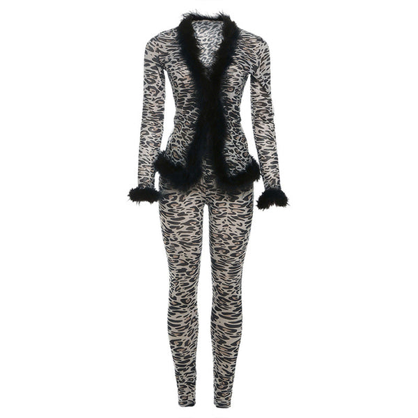 Leopard print long sleeve feather mesh pant set