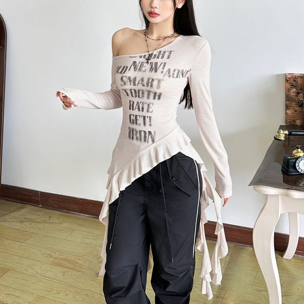 Irregular long sleeve letter pattern ruffle top