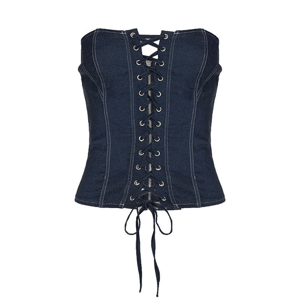 Lace up zip-up denim corset tube top
