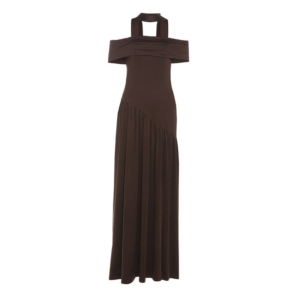 Off shoulder ruched high slit tube maxi dress
