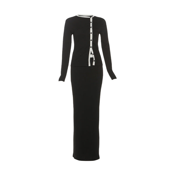 Button crewneck long sleeve maxi skirt set