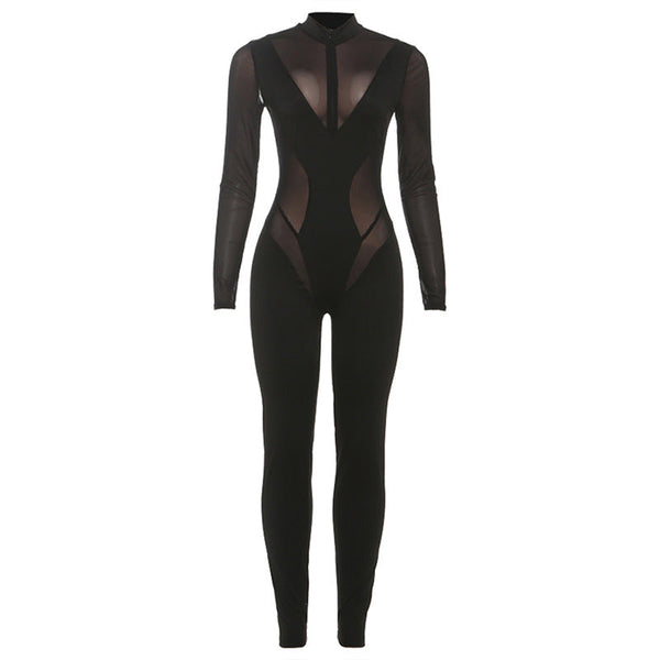 High neck long sleeve mesh patchwork jumpsuit