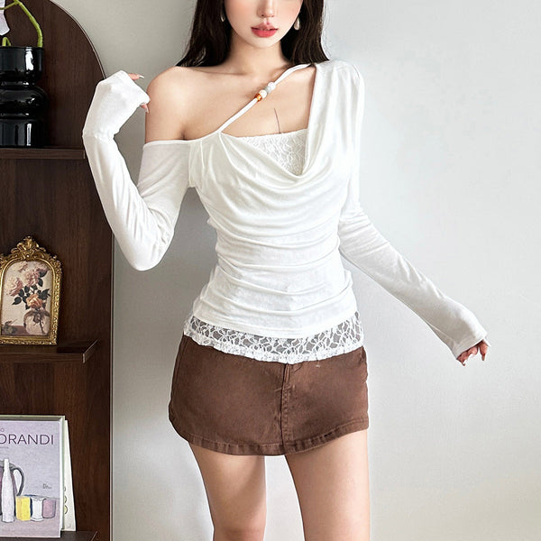 One shoulder long sleeve beaded lace hem top