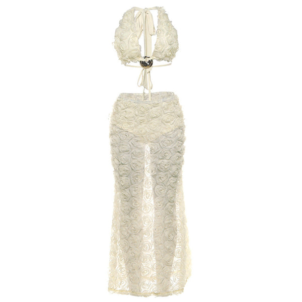 Halter v neck flower pattern 3 piece maxi skirt set