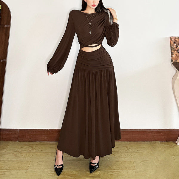 Long sleeve hollow out ruched slit maxi dress