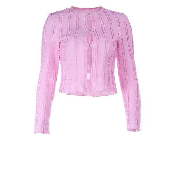 Hollow out long sleeve crewneck textured crop top