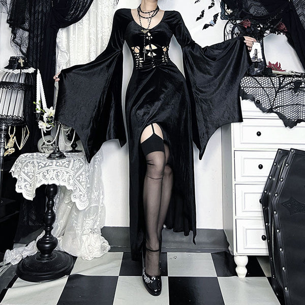 Long flared sleeve hollow out velvet maxi dress
