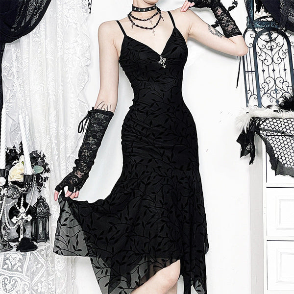 V neck print cross applique cami midi dress