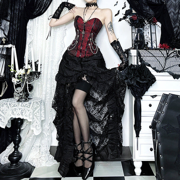 Ruched lace slit solid maxi skirt