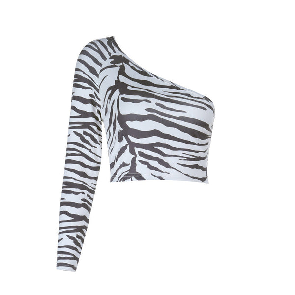 One shoulder long sleeve zebra print top