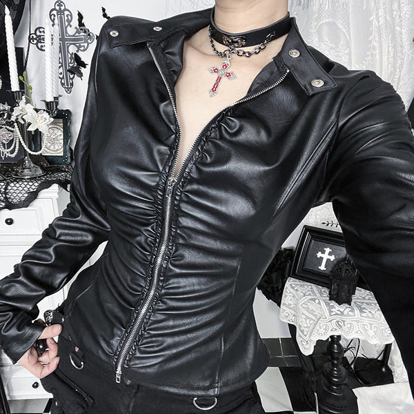 Long sleeve PU leather zip-up top