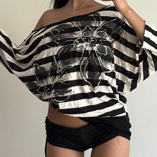 Striped long sleeve flower print top