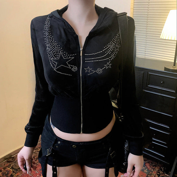 Hoodie long sleeve zip-up velvet beaded top