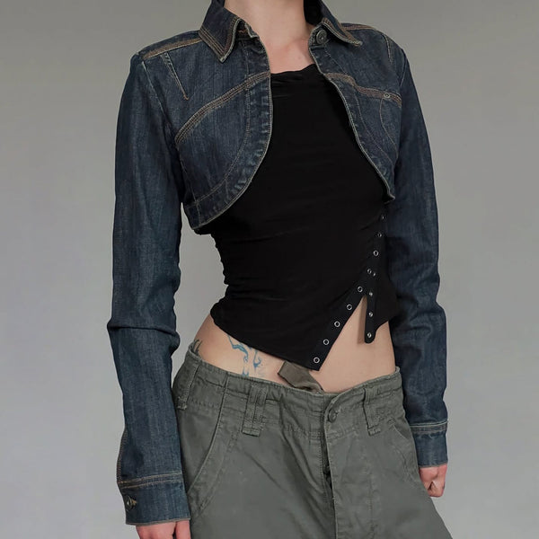 Long sleeve button turnover collar denim top