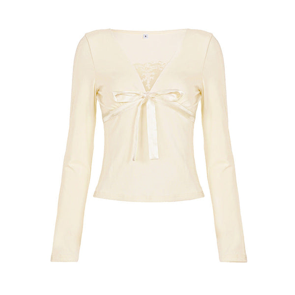 Bowknot long sleeve v neck lace top