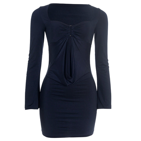 Hollow out long sleeve ruched solid mini dress