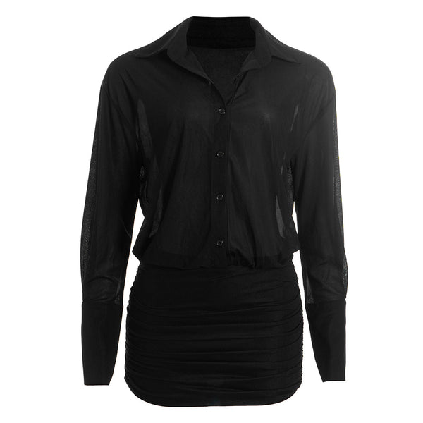 Long sleeve turnover collar button chiffon mini dress