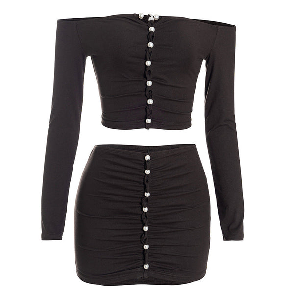 Ruched off shoulder long sleeve mini skirt set