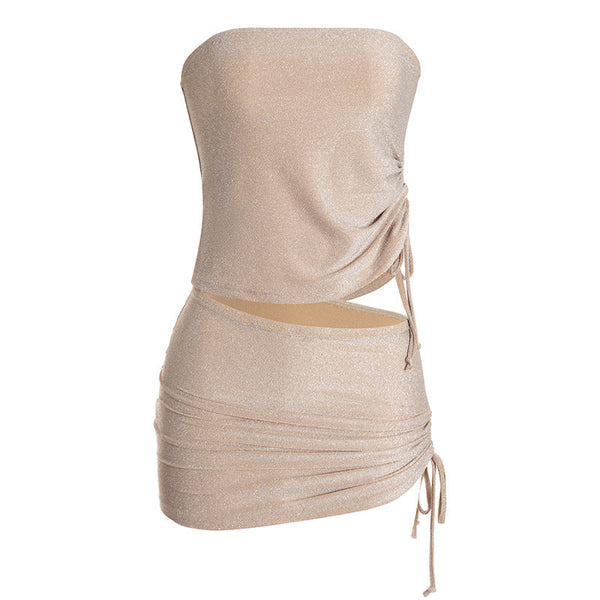 Drawstring ruched irregular tube mini skirt set