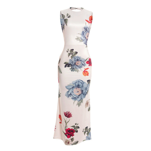 Crewneck flower print backless maxi dress